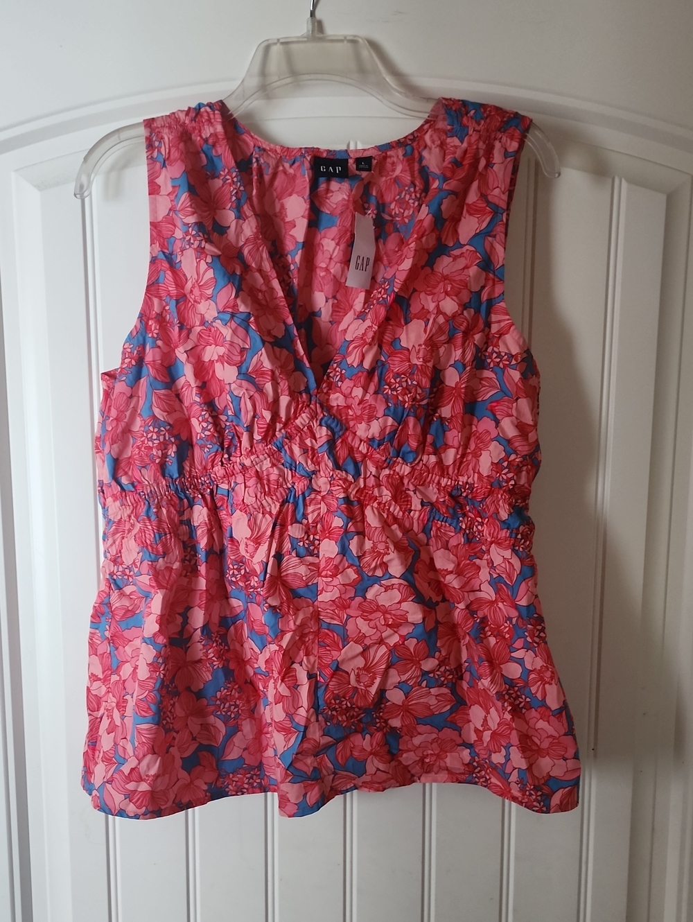 GAP Pink and Blue Floral Sleeveless Cinched Waist Top